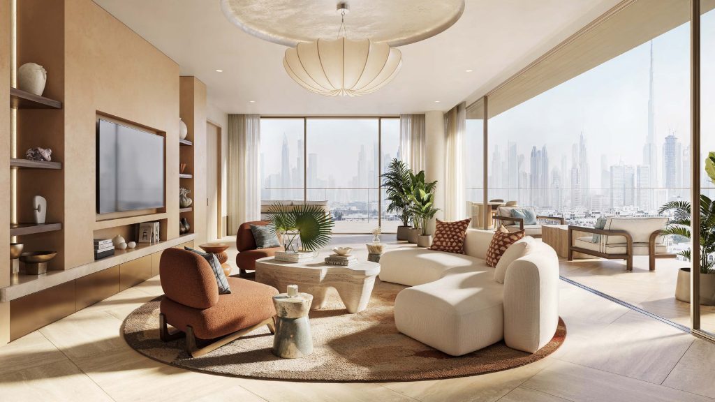 Meilleurs quartiers Dubaï : vue sur la skyline depuis un quartier résidentiel de Dubaï — La Place Dubai