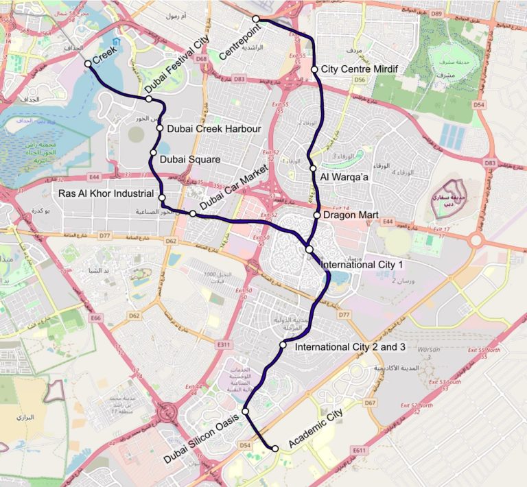 Carte de la Blue Line du métro de Dubaï et des quartiers desservis