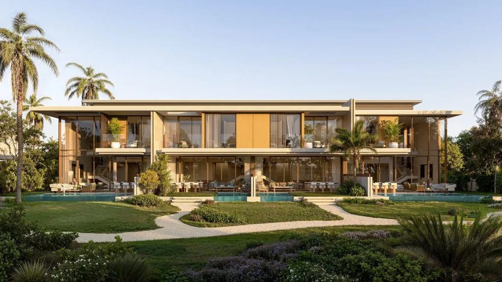 Bay Estate by Nakheel, façades des maisons de ville côté jardin
