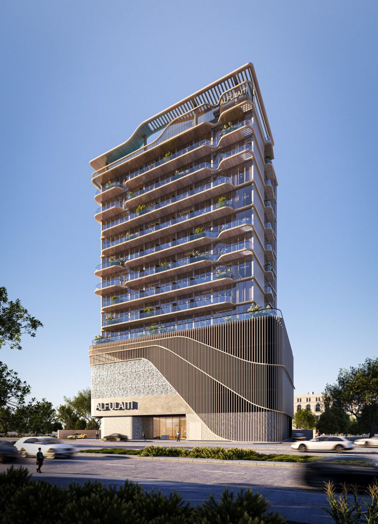 Elan Tower by Al Fulaiti Development – façade de la tour de jour, Dubai Land
