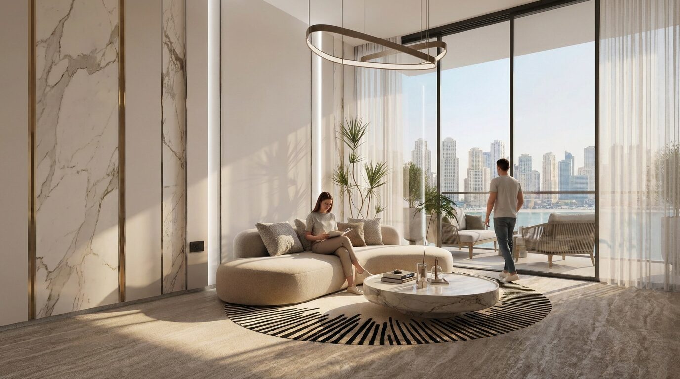 Elan Tower by Al Fulaiti Development – salon lumineux avec baie vitrée ouvrant sur le balcon