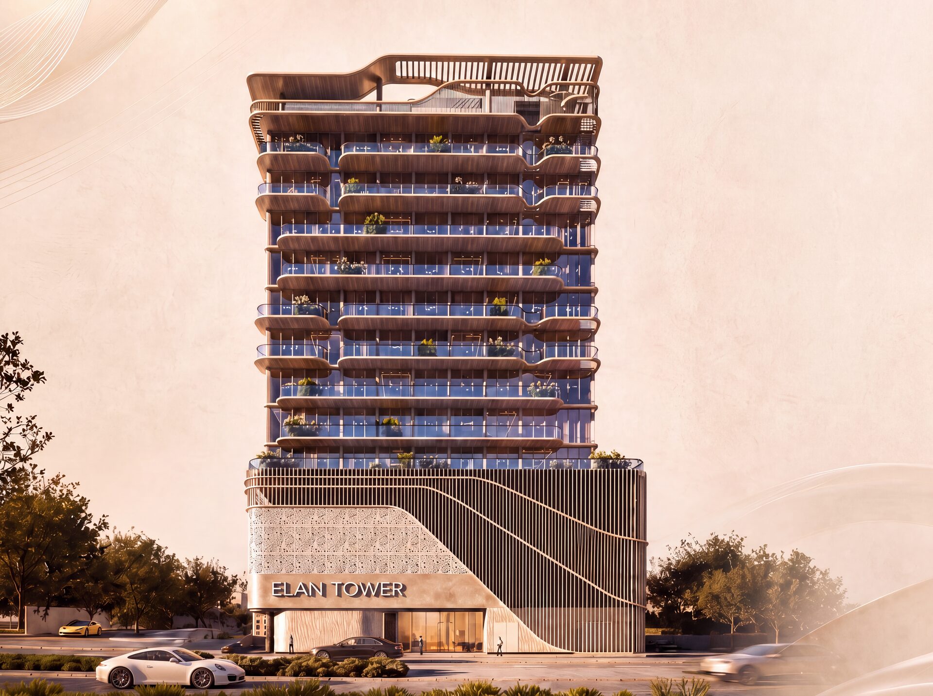 Elan Tower by Al Fulaiti Development – façade principale et entrée de la tour, Dubai Land