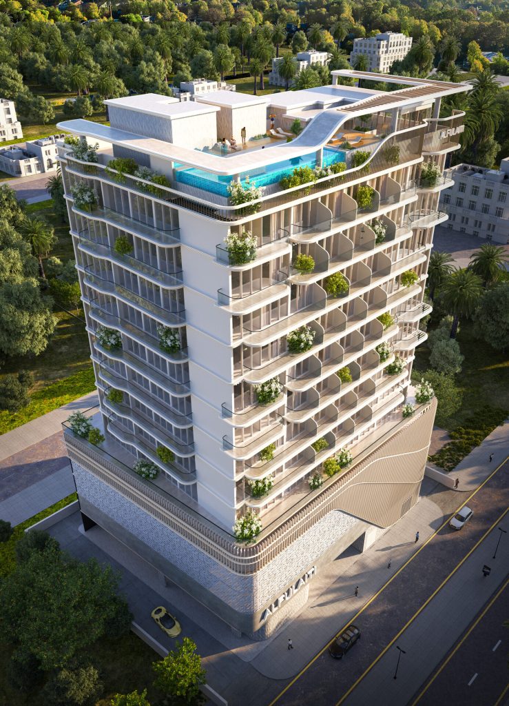 Elan Tower by Al Fulaiti Development – vue aérienne de la tour et de sa piscine sur le toit, Dubai Land