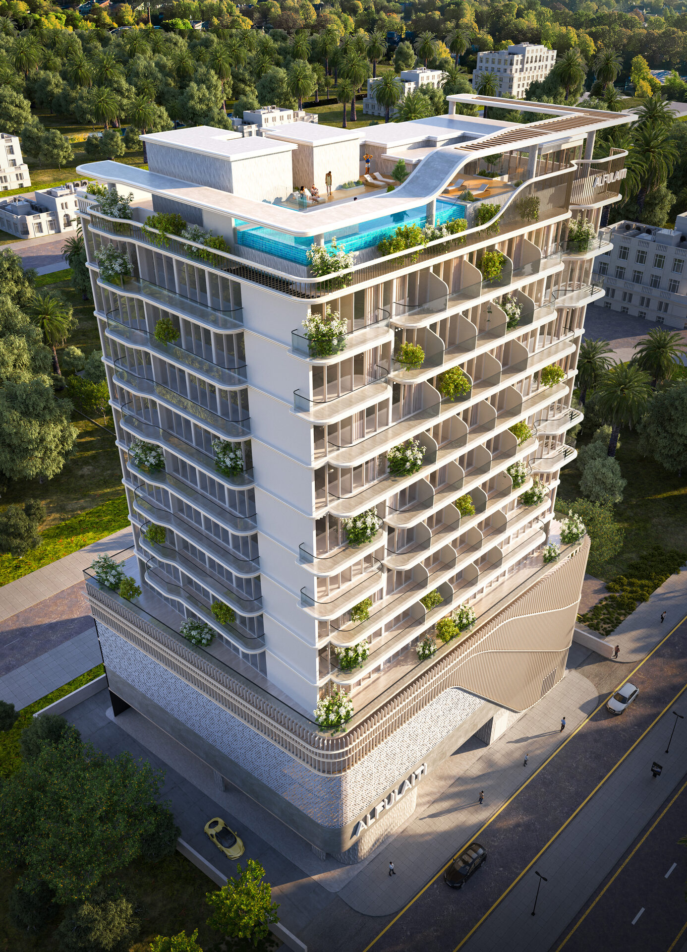 Elan Tower by Al Fulaiti Development – vue aérienne de la tour et de sa piscine sur le toit, Dubai Land