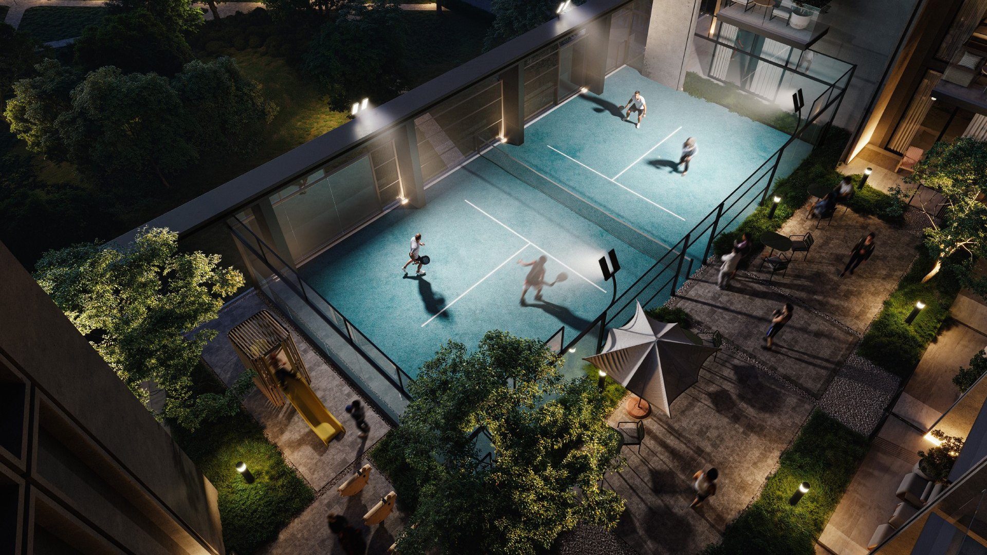 Kore by Imtiaz – terrain de padel de la résidence, de nuit