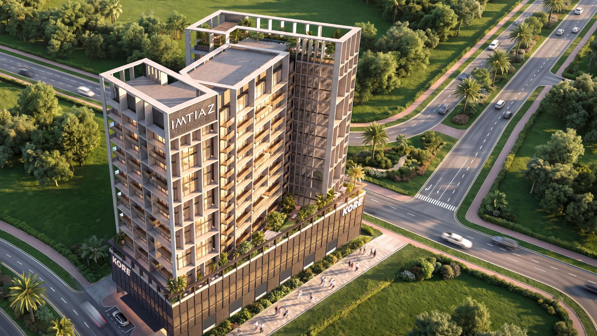 Kore by Imtiaz – vue aérienne de la tour à Dubai Land Residence Complex