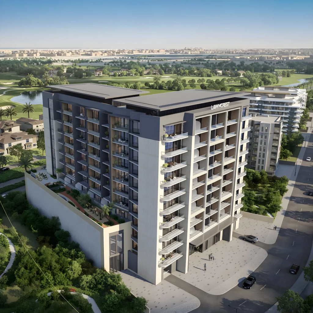 Lawncrest by Zimaya, vue aérienne de la résidence face au golf à Dubai Production City