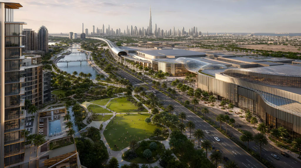 Valia by Emaar, vue aérienne de Dubai Creek Harbour et de la skyline