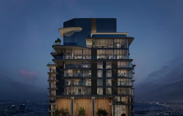 The Edit at d3 by Meraas, façade et terrasses arrondies de nuit